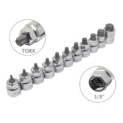 Vasos + punta Torx 3/8", perfil bajo, 11pcs - Acero · 11 piezas