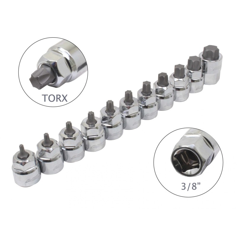 Vasos + punta Torx 3/8", perfil bajo, 11pcs - Acero · 11 piezas